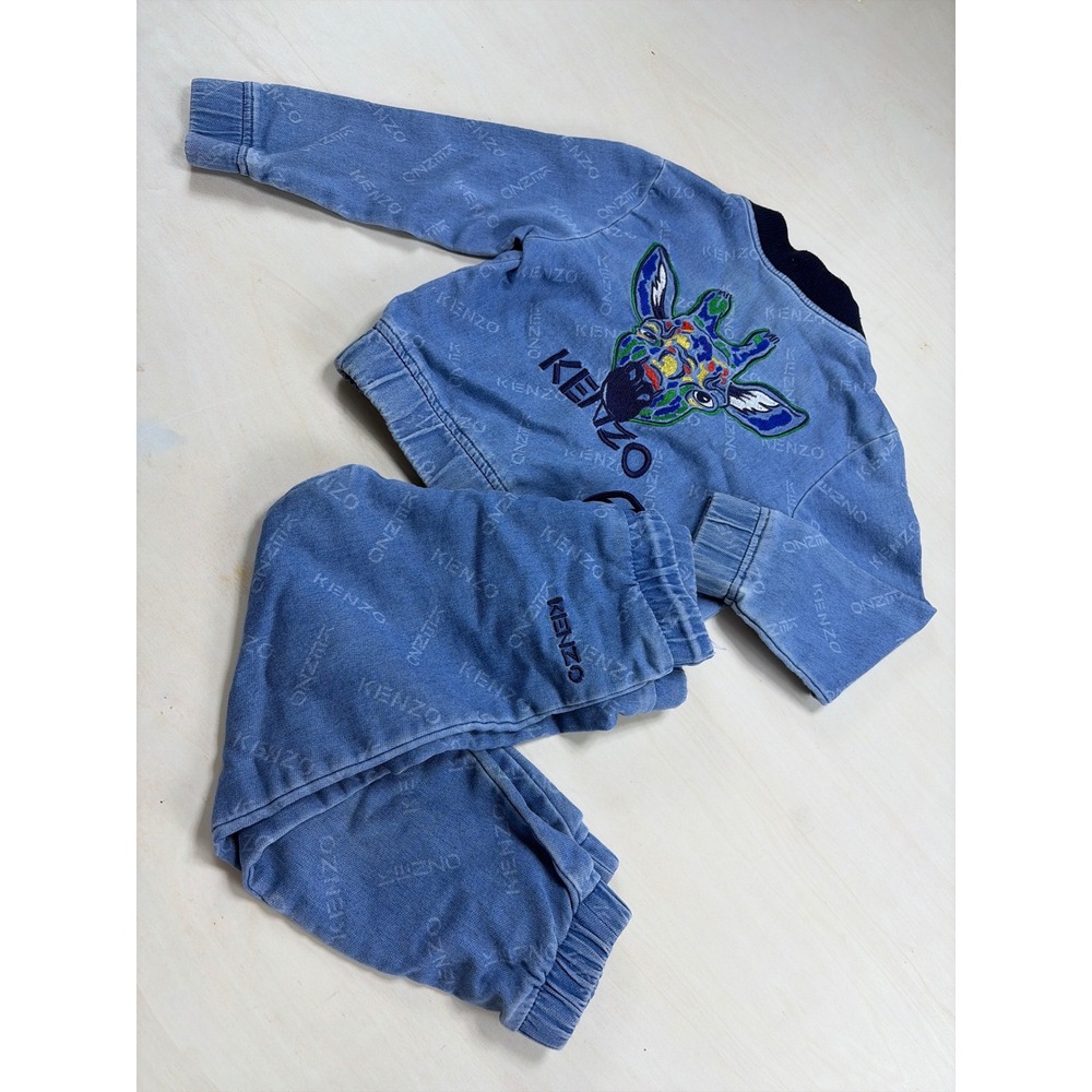 Kenzo Kids Blue Denim Wash Giraffe Logo Tracksuit Set Jacket Pants 4A 104cm